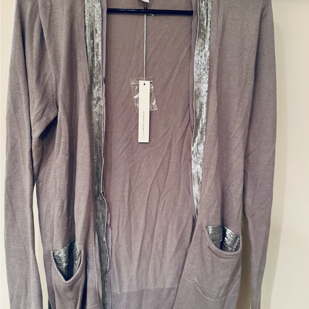 Lauren Conrad Gray Open Front Cardigan with Silver Trim. New with tags.